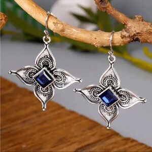 Silver Metal Blue Synthetic Stone Boho Drop Earrings